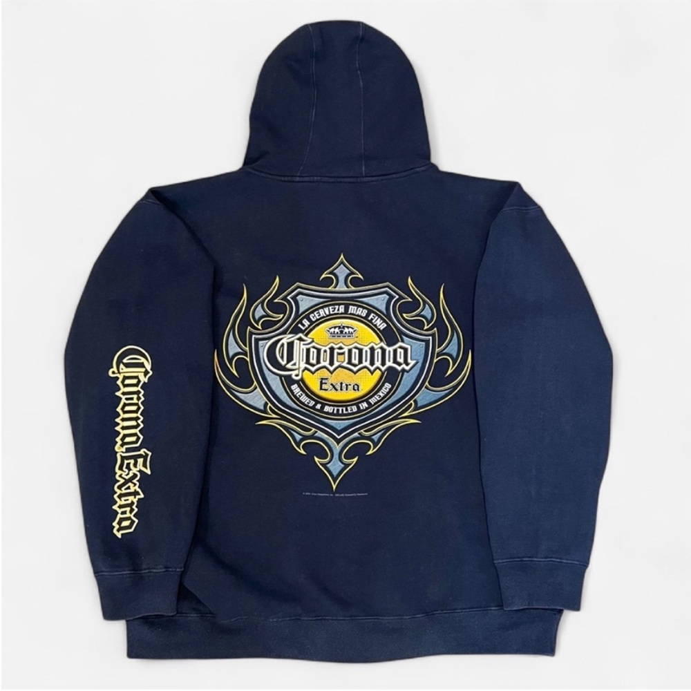ORANGE COUNTY CHOPPERS Corona Extra Y2K Graphic Hooded Sweatshirt Mens L Blue